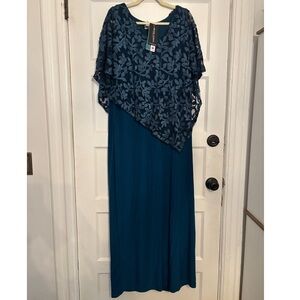 Frank Lyman Design Teal Maxi Dress with Floral Lace Cape